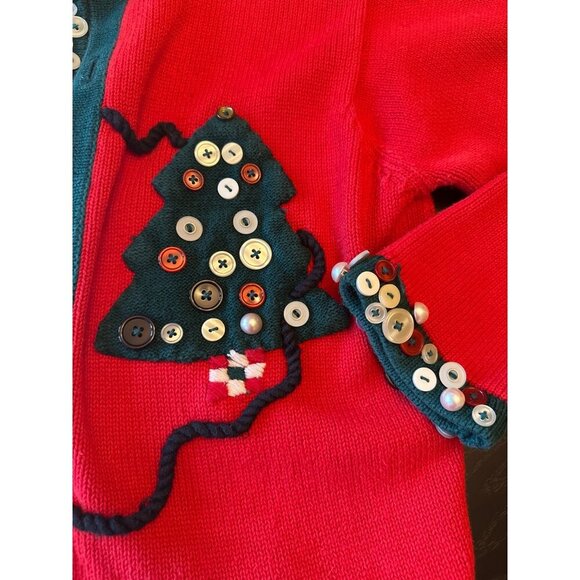 Vintage Lisa Nichols Ugly Christmas Sweater Cardigan With Button Tree Design & R - Picture 2 of 7